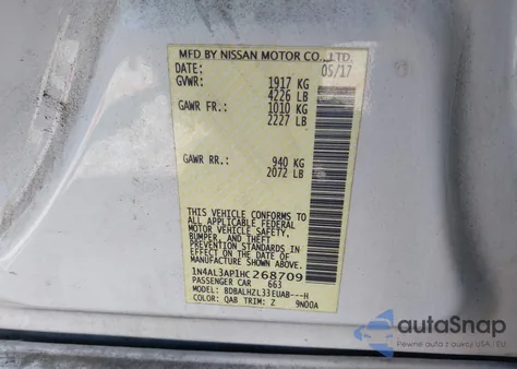 2017 Nissan Altima 2.5 Sr из США, поврежденный, VIN 1N4AL3AP1HC268709